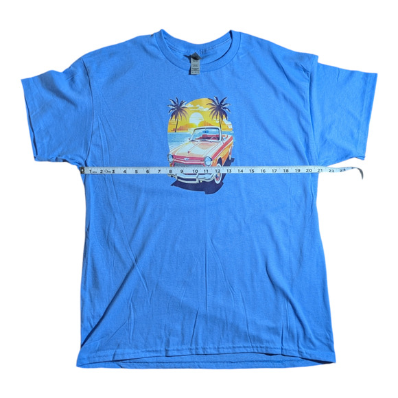 Sunset Cruise - Car & Palm Trees - Graphic Tee - Size L - Lt Blue - All Genders - Picture 2 of 7